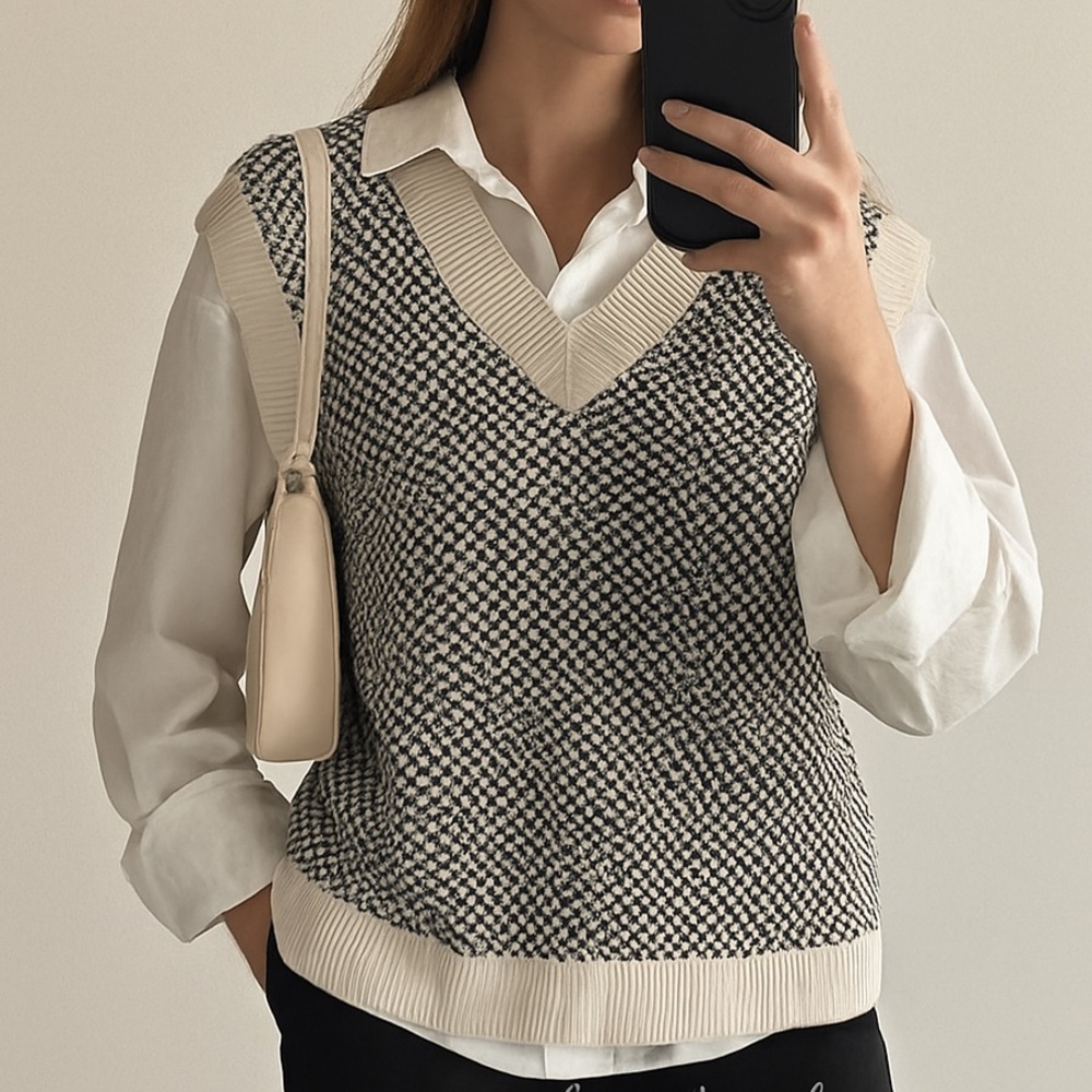Zara Checkered Knit Vest S Preppy Chic
